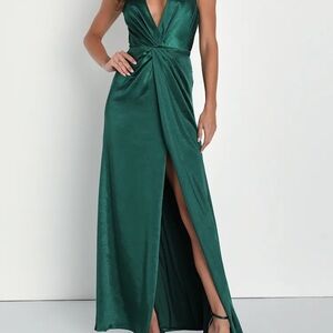 Lulu's Emerald Green Satin V-Neck Maxi Dress